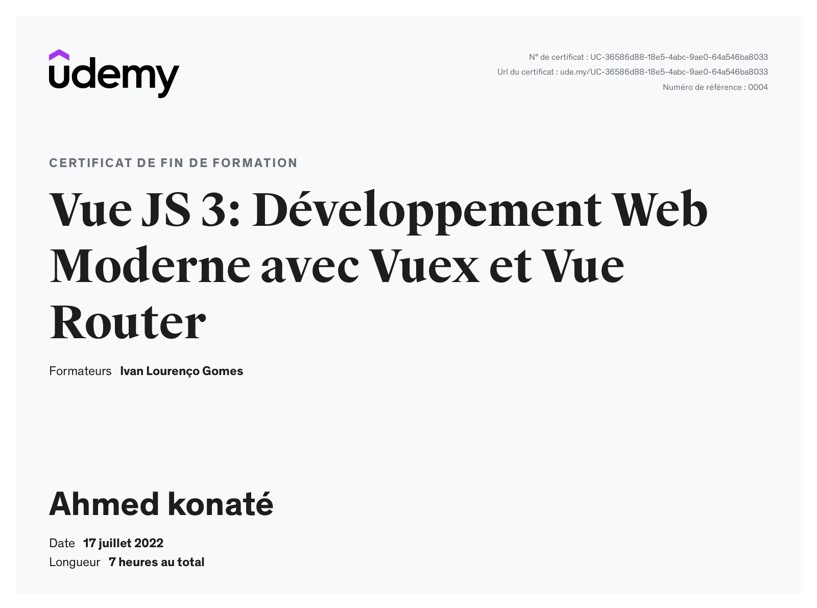 Certificat Vue JS 3: Développement Web Moderne avec Vuex et Vue Router